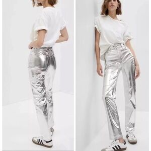 NEW Gap High Rise Vegan Leather Cheeky Straight Pants Metallic Silver Size 27/4R